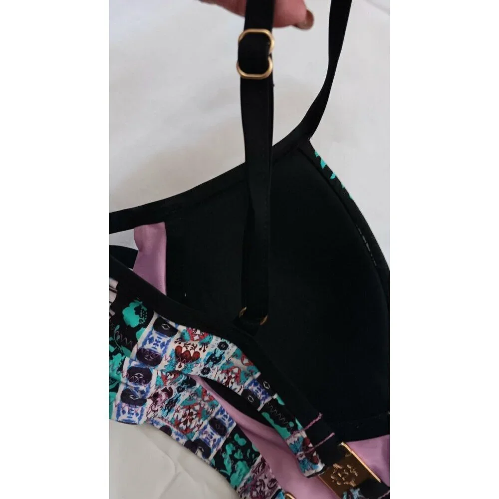 3/10 Nanette Lepore Boho Bikini Top Padded Black Pink Purple Teal Cut Outs $96 - Picture 4 of 8